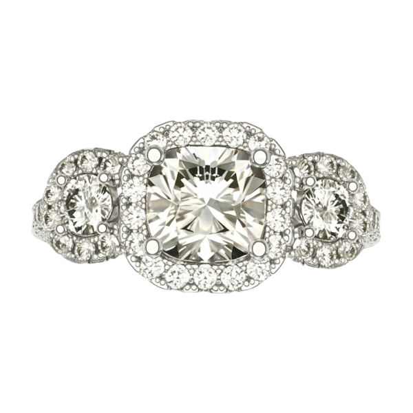 Cushion - Three-stone halo engagement ring