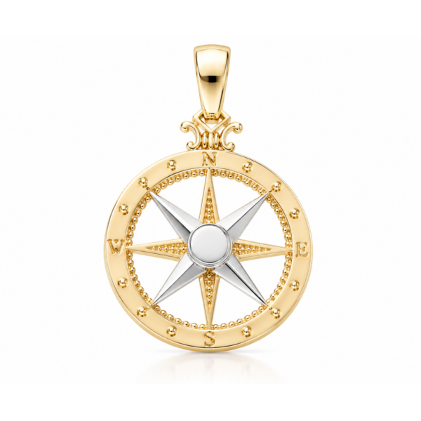 9k Yellow Gold Two-Tone Nautical Compass Pendant