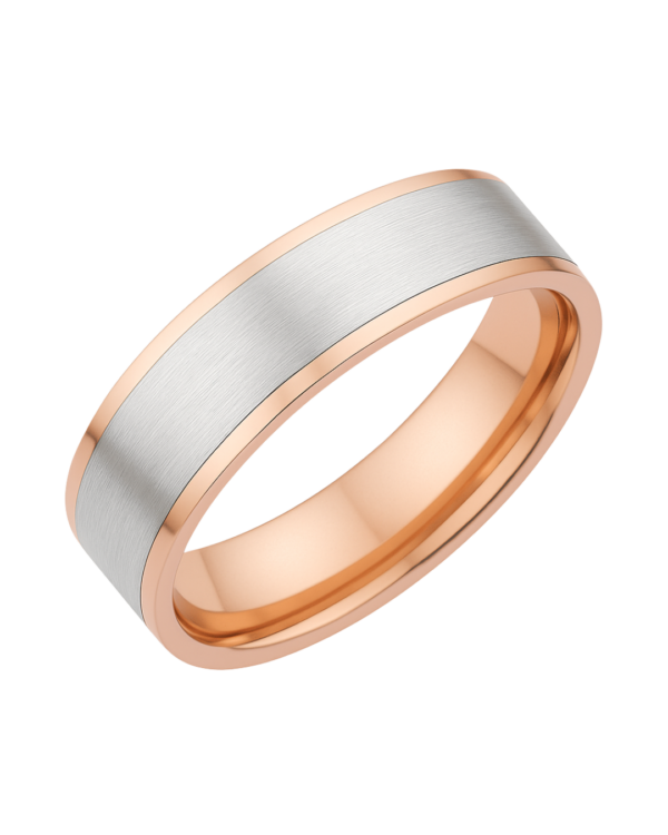 Bevelled Edge Rose & White Gold Wedding Band – 6mm