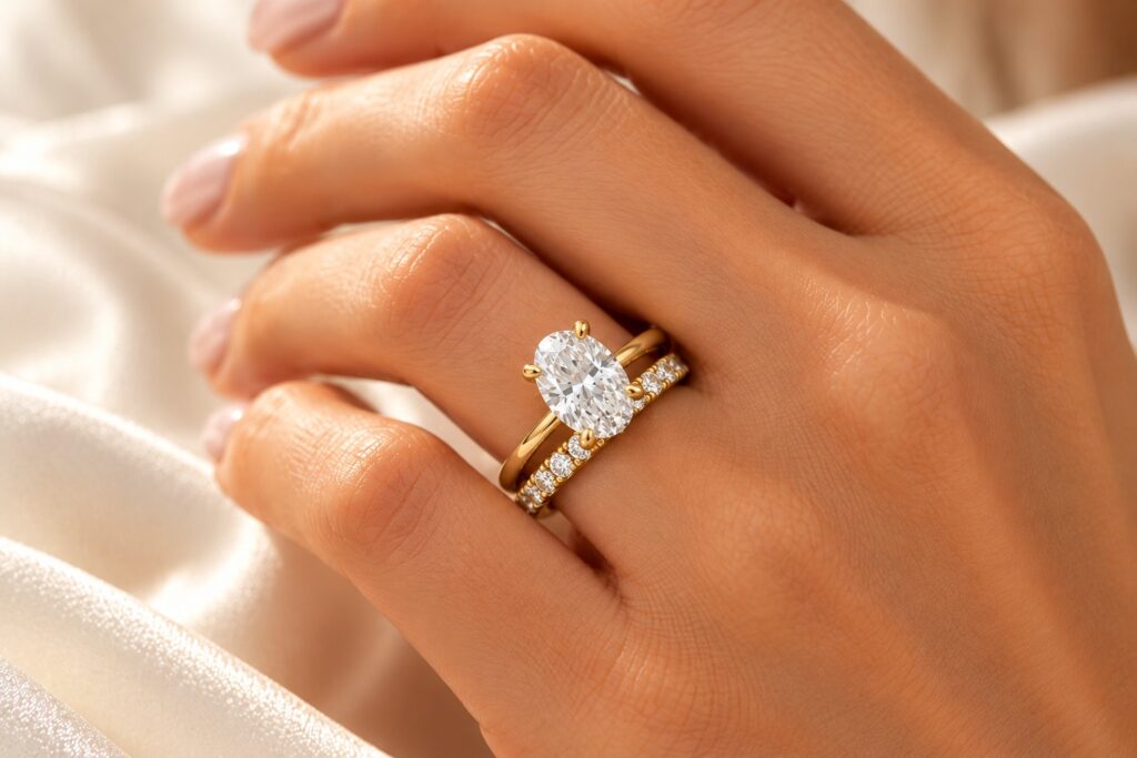 Oval lab-grown diamond solitaire and half-eternity wedding band in yellow gold worn on the hand
