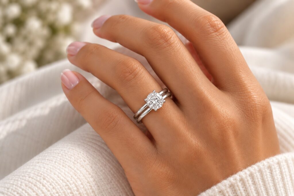 Round brilliant solitaire and plain wedding band in white gold worn on the hand